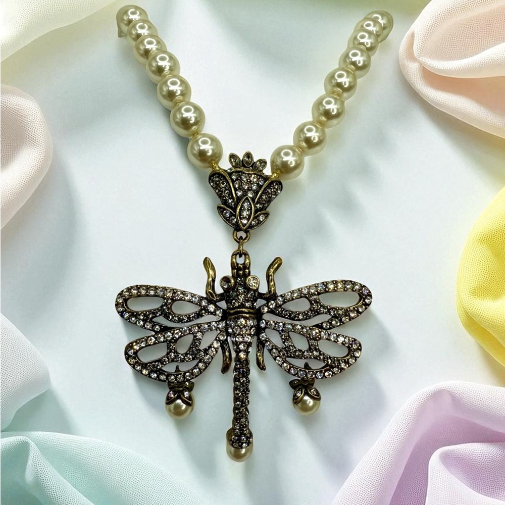 Vintage Heidi Daus Swarovski Crystal Dragonfly Necklace Faux Pearl Discontinued